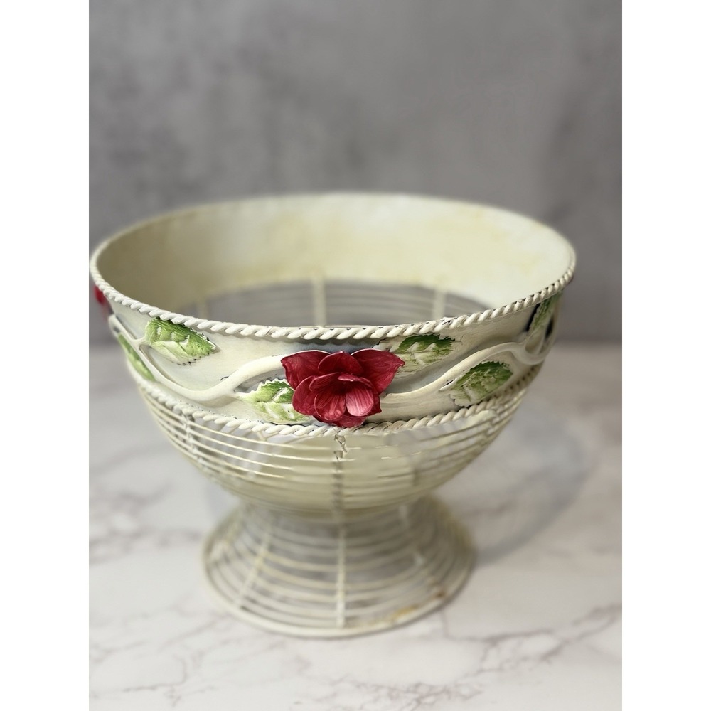 Vintage White Metal Wire Pedestal Basket Hand Painted Pink Flowers Cottage Decor
